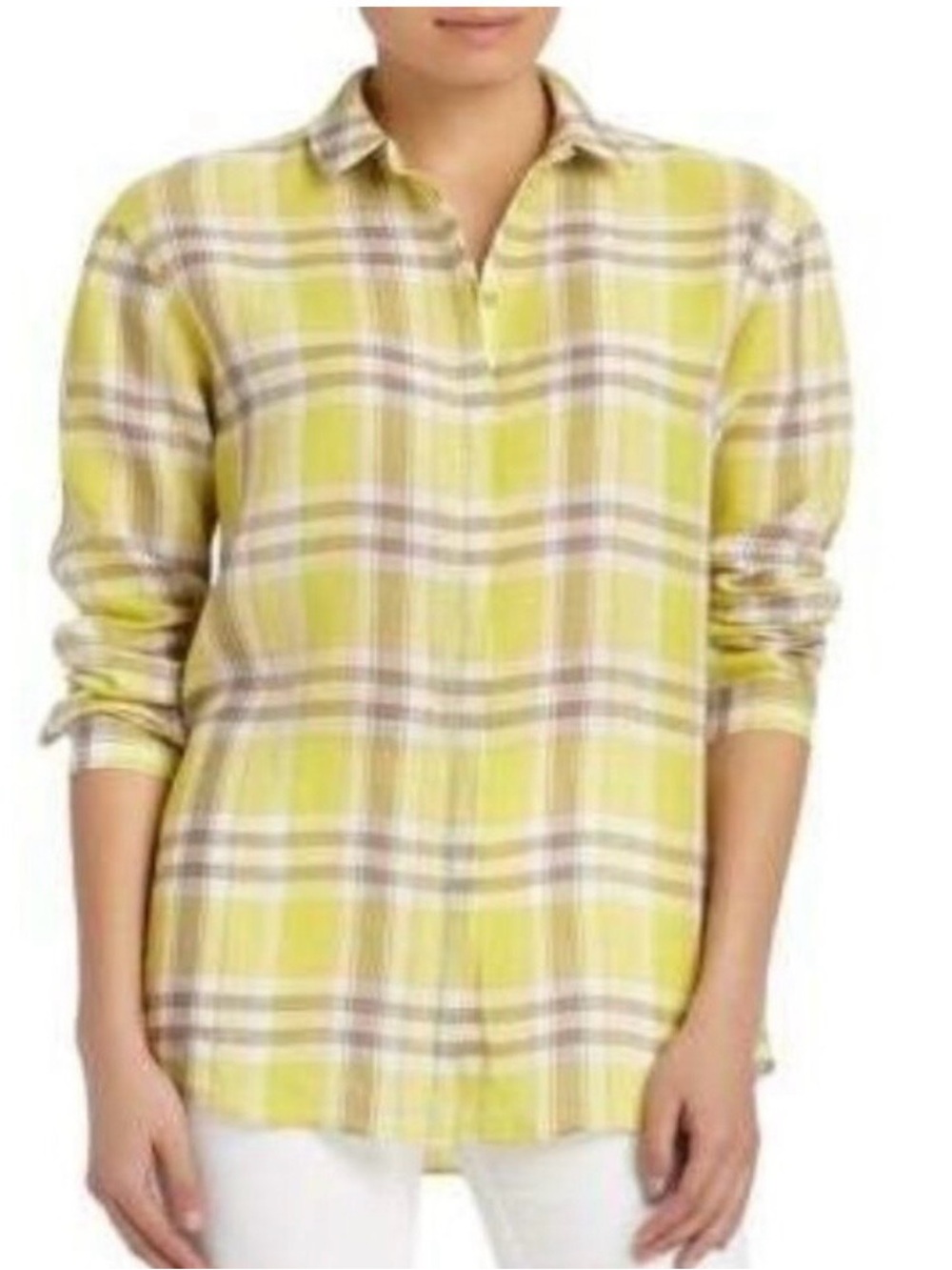 Lafayette 148 Linen Yellow Plaid Tunic Button Down Blouse Top Medium